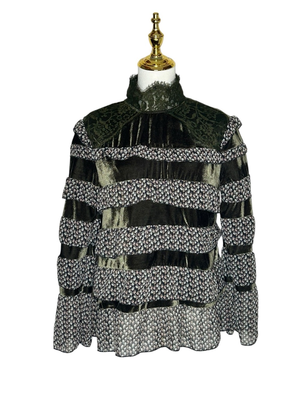 POL Magdalia Olive Ren Faire Velvet and Lace Blouse Regency Boho Sz S Fairycore